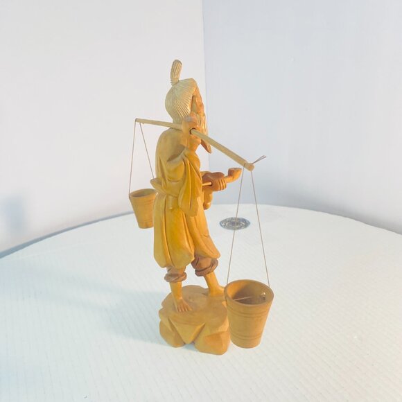 Vintage Hand Carved Wooden Asian Carrying Water Figurine Chinese Sculpture 10" - Picture 13 of 16
